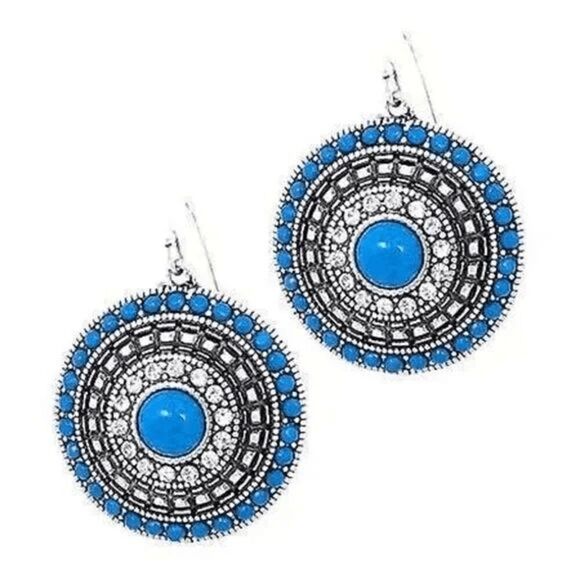 2/$21 Ladies Blue Silver Aztec Round Earrings - Picture 1 of 3